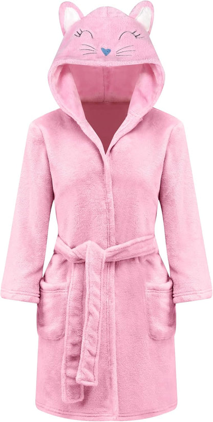 Girls Hooded Fleece Bathrobe - Soft Plush Warm Robe for Kids 3-14 Years Cat