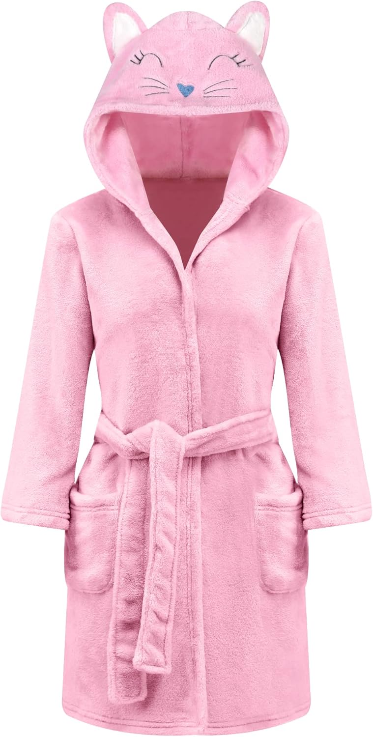 Girls Hooded Fleece Bathrobe - Soft Plush Warm Robe for Kids 3-14 Years Cat