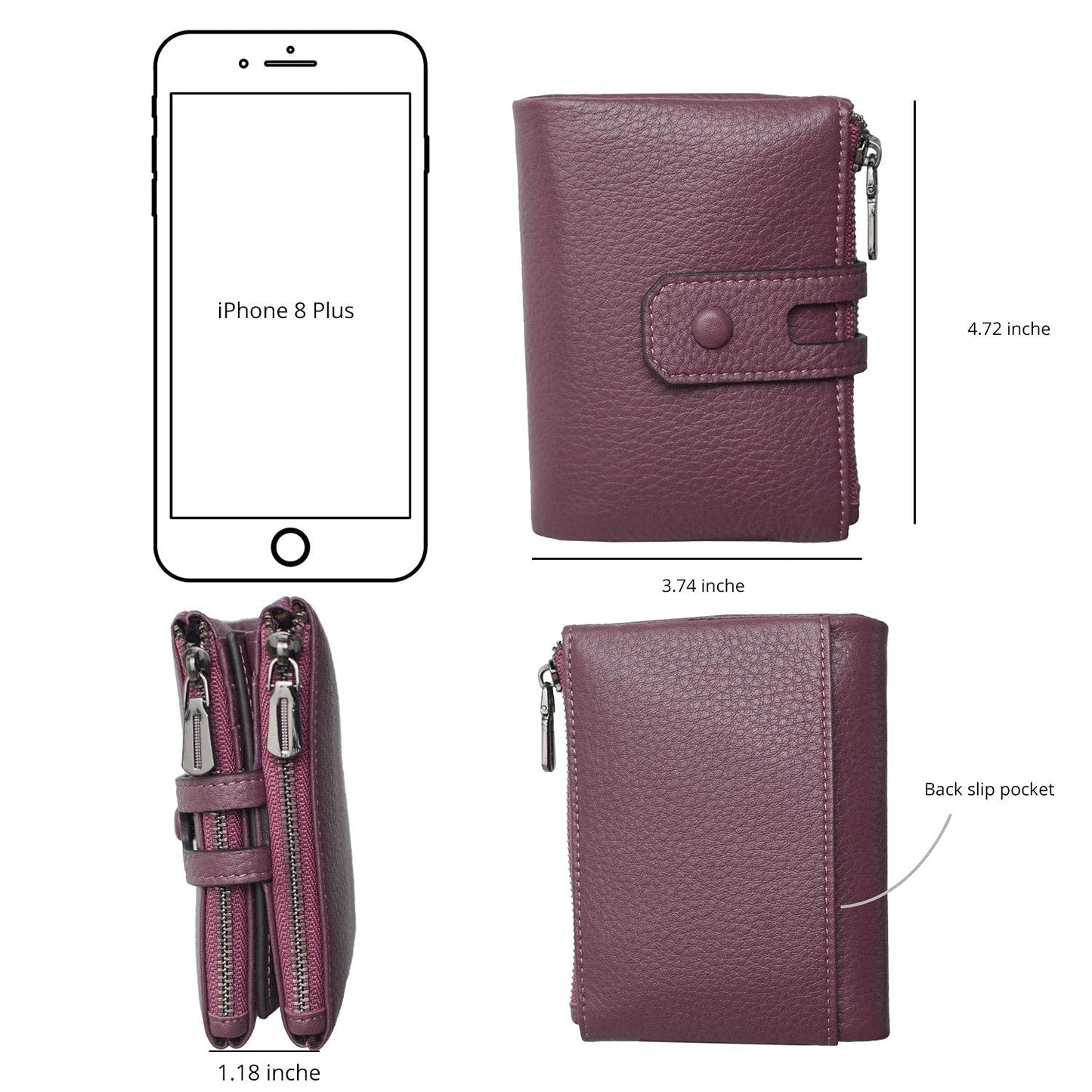 Women Leather Wallet - Small RFID Blocking Card Holder with Double Zipper