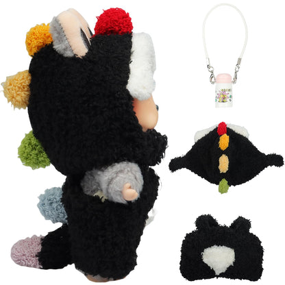 4 Piece Doll Clothes Set for 15cm-17cm Dolls - Outfit with Overalls Hat & Bag Dinosaur Set (Black)