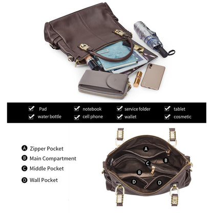 Women Genuine Leather Handbag - Soft Satchel Tote Shoulder Bag with Adjustable Strap