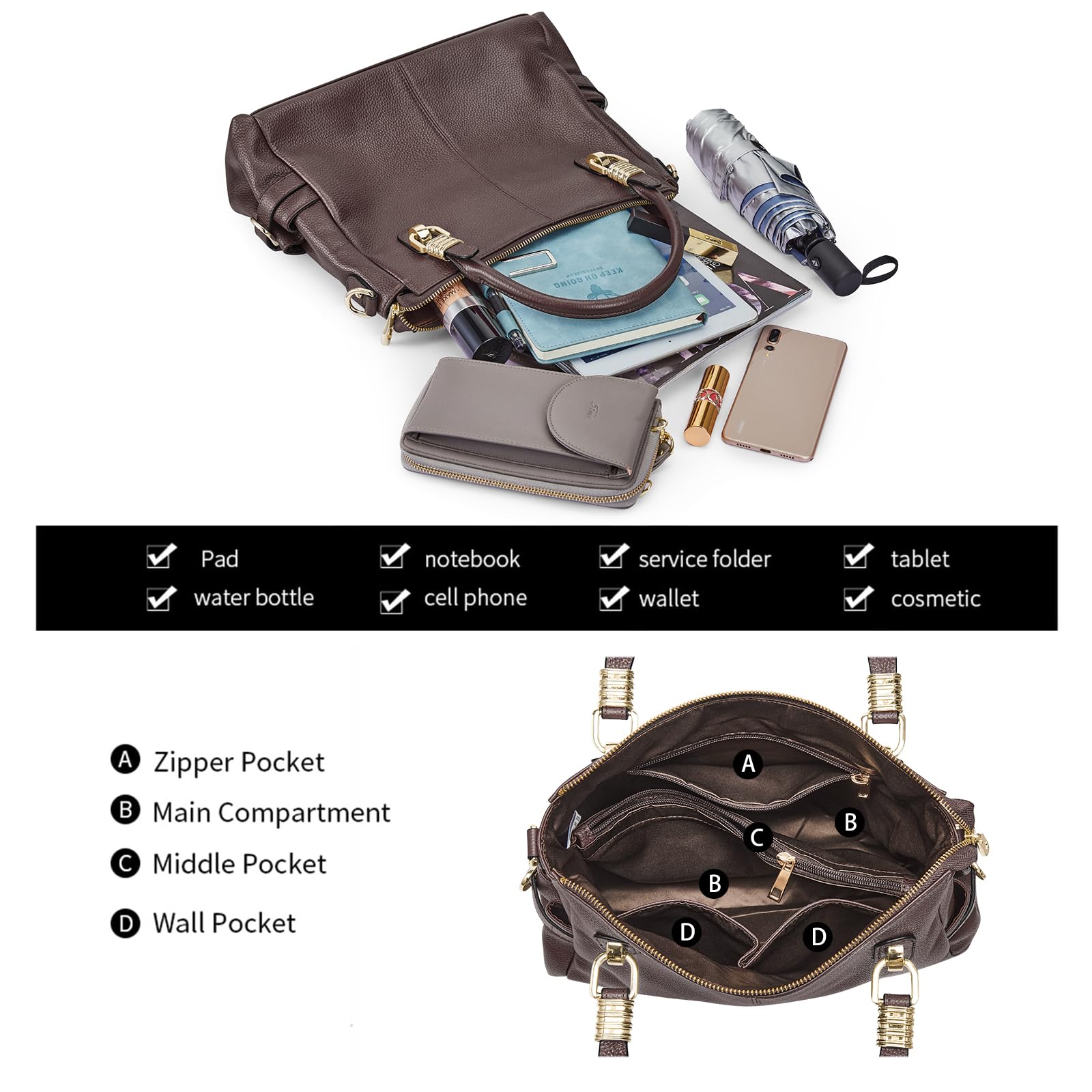 Women Genuine Leather Handbag - Soft Satchel Tote Shoulder Bag with Adjustable Strap