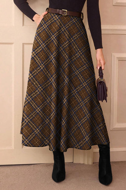 Women's Plaid Skirts - High Waist A-Line Midi Tartan Skirt with Pockets