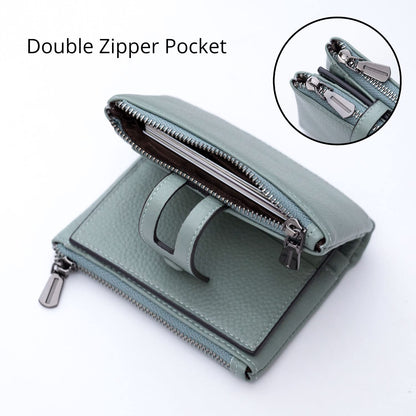 Women Leather Wallet - Small RFID Blocking Card Holder with Double Zipper