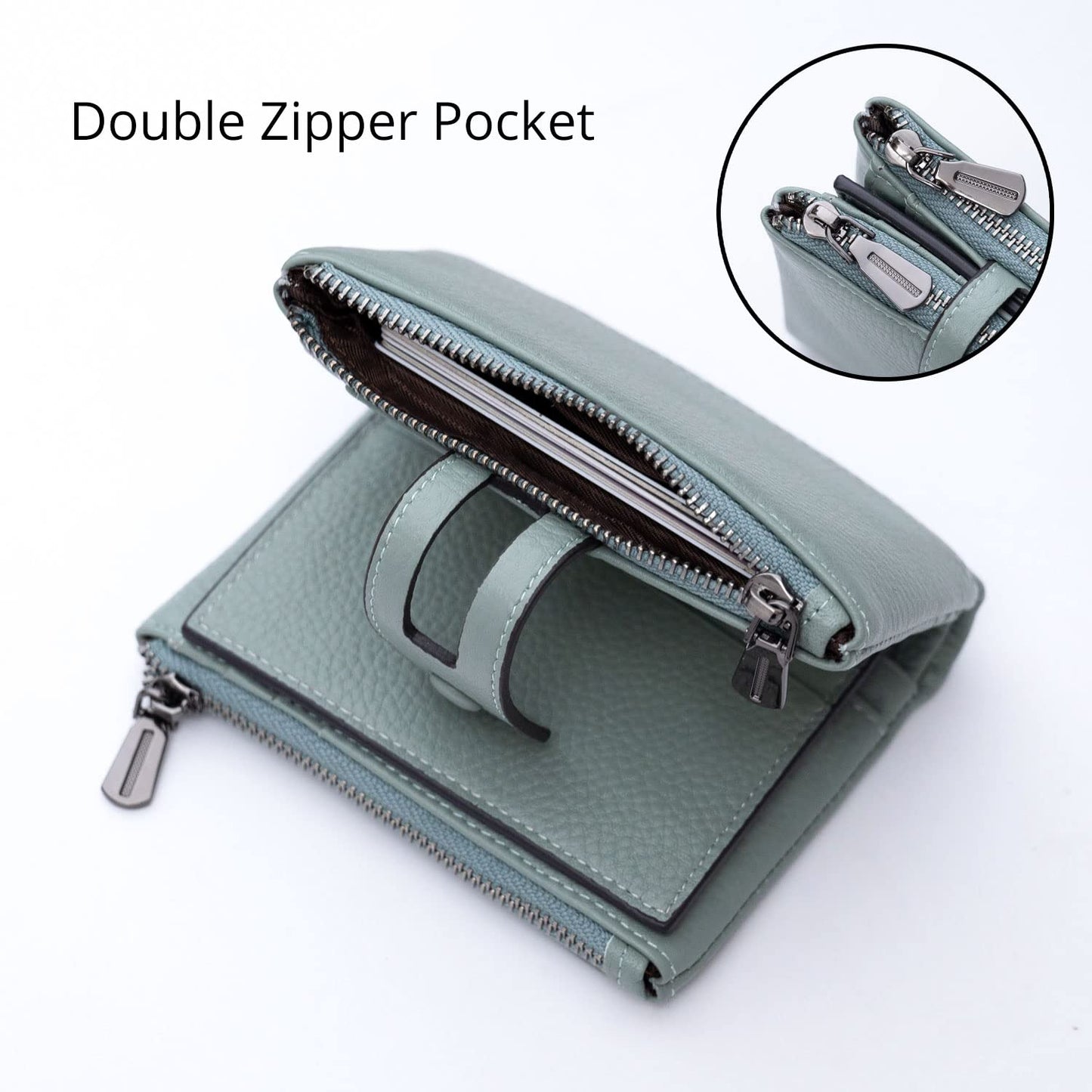 Women Leather Wallet - Small RFID Blocking Card Holder with Double Zipper