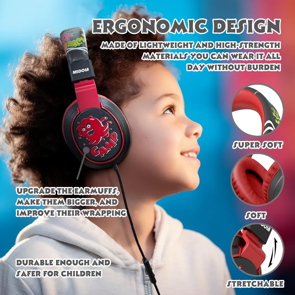 Kids Headphones Volume Limited 85/94dB - Wired Over-Ear Foldable Headset with Microphone Pink