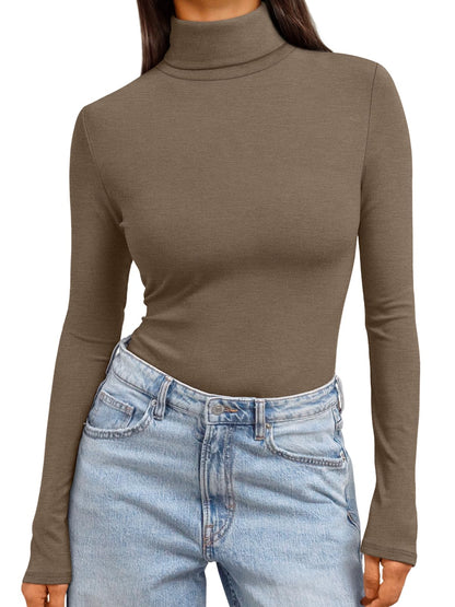Women's Turtleneck Long Sleeve Shirts - Basic Thermal Underwear Tops Light Brown