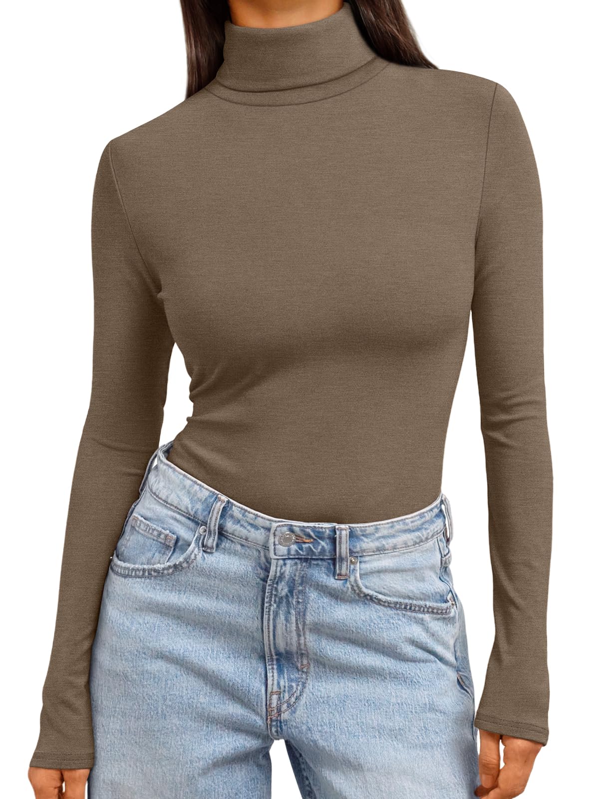 Women's Turtleneck Long Sleeve Shirts - Basic Thermal Underwear Tops Light Brown