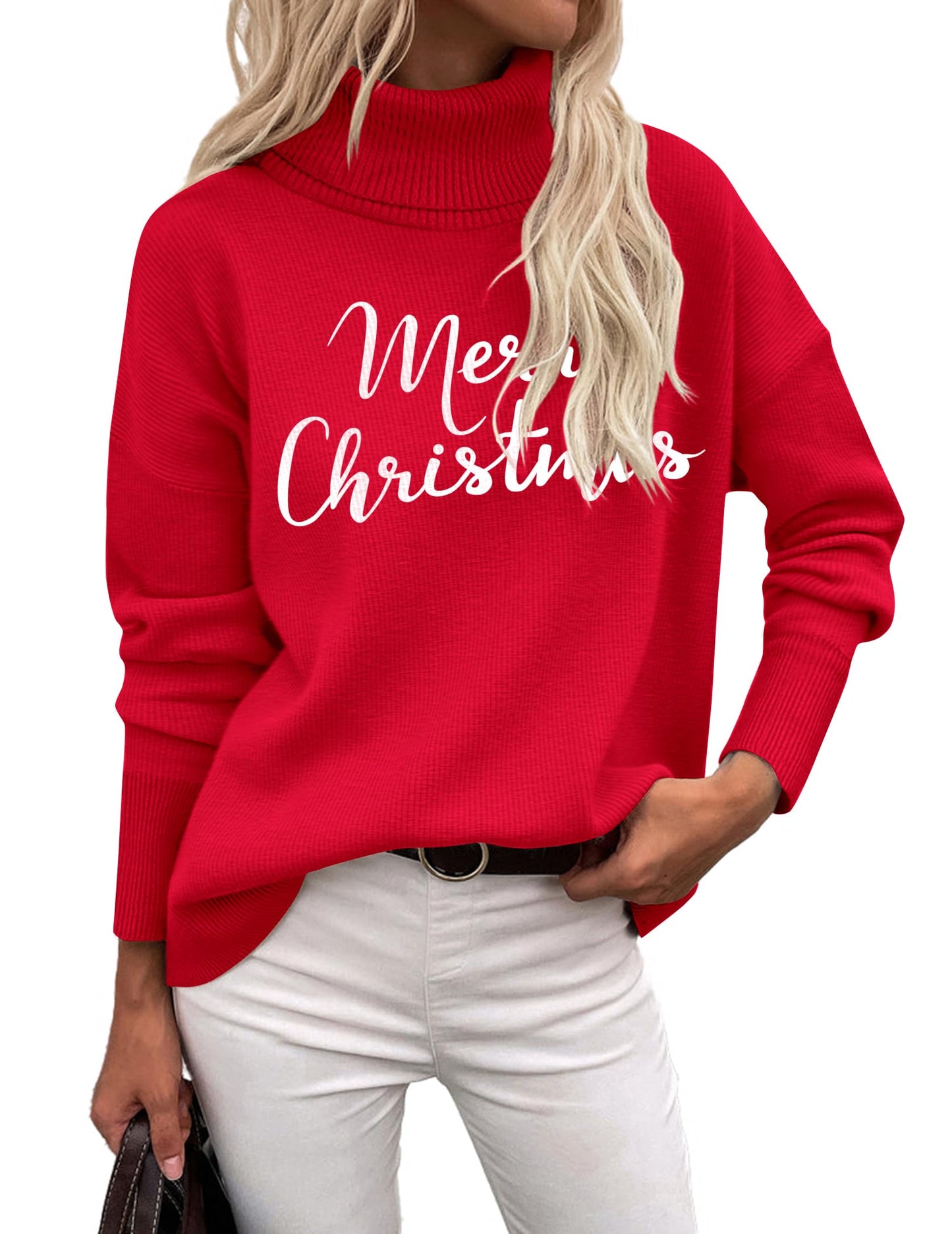 Orange Turtleneck Sweater - Turtleneck Sweater for Women - Chunky Knit Pullover with High Low Hem Christmas Letter