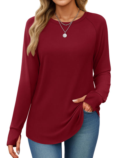 Women's Long Sleeve Tunic Top with Thumb Holes - Loose Fit Shirt for Leggings Retro Red