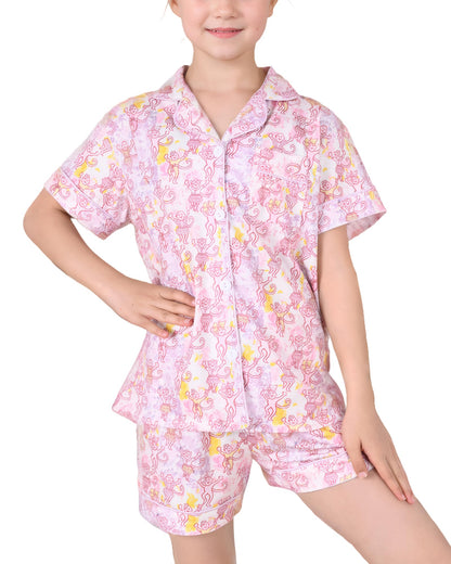 Roller Rabbit Pajamas Kids - Girls Summer 2 Piece Set - Button Down Top and Shorts Light Pink