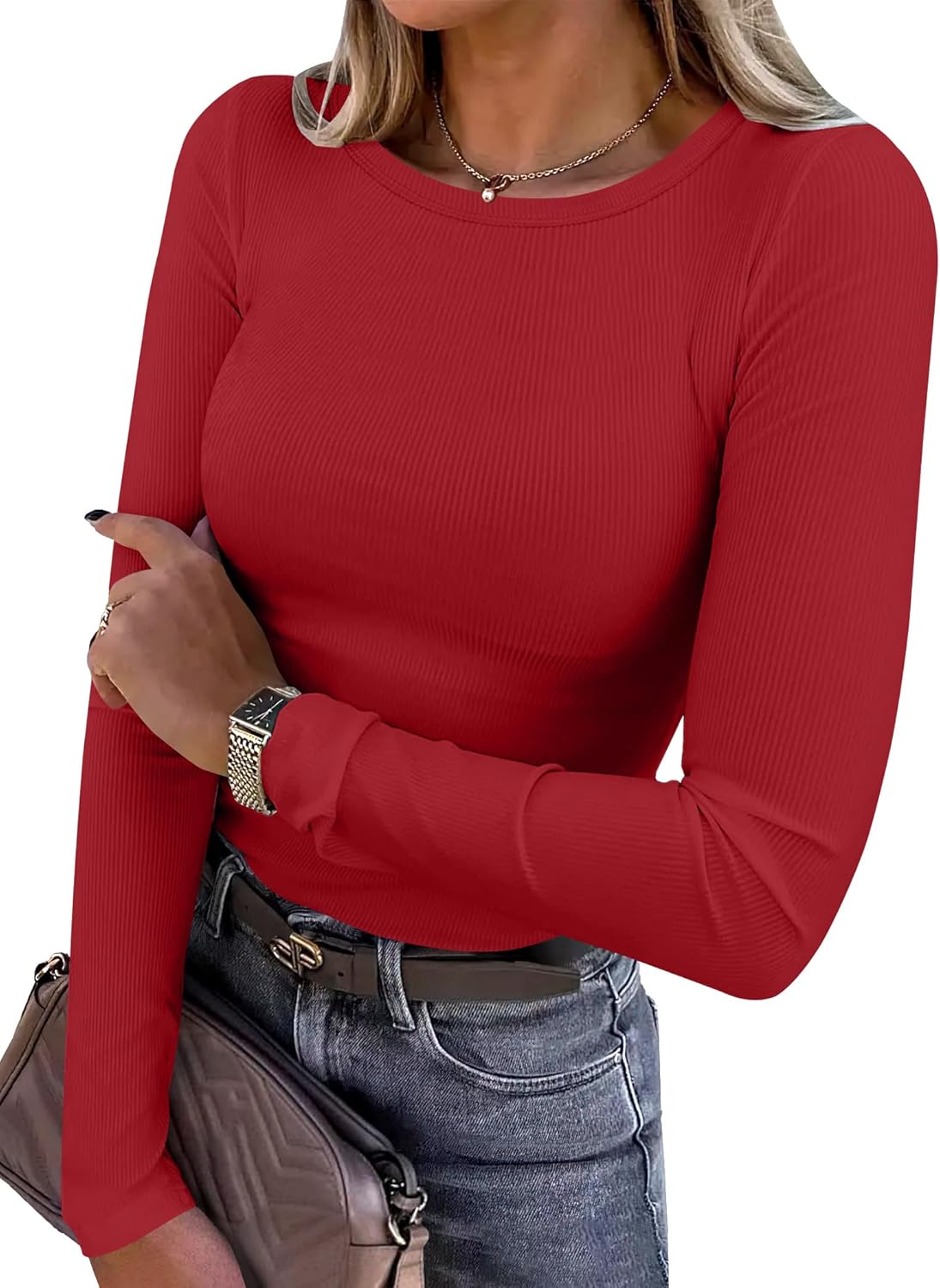 Women's Long Sleeve Rib Knit Shirt Slim Fit Crew Neck Basic Tee