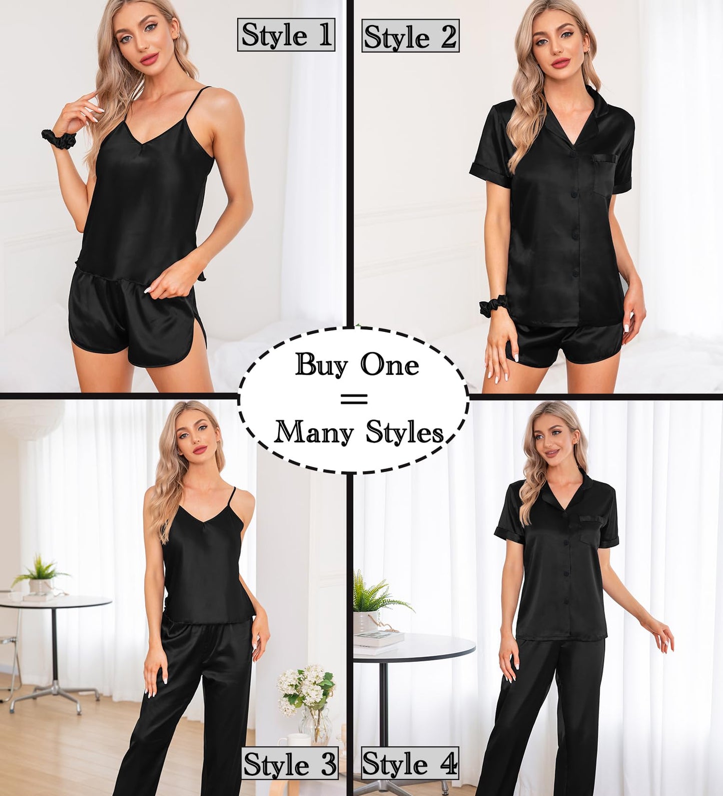 SWOMOG Womens Silk Satin Pajamas Sets 7pcs Sleepwear Sexy Cami Shorts Set and Button Down Short Sleeve Satin Pjs