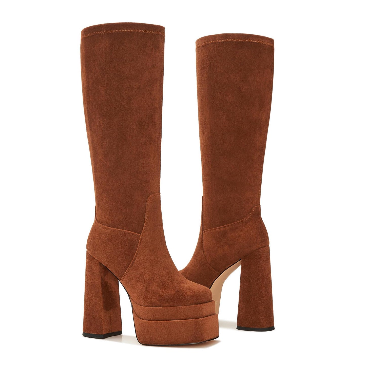 ZXHYZLZ Women's Wide Calf Knee High Suede Platform Boots – Chunky High Heel Stretch Pull-On Tall Boots for Plus Size Legs Size 10