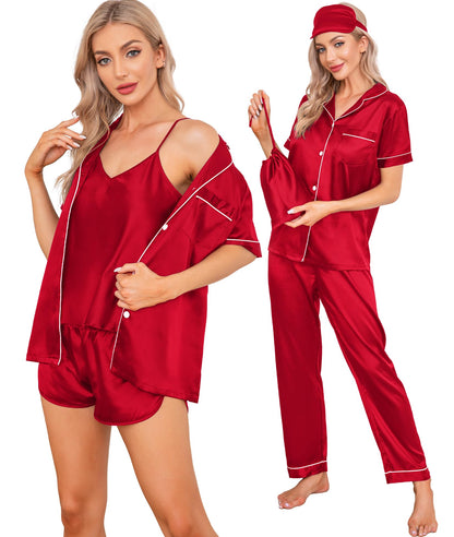 SWOMOG Womens Silk Satin Pajamas Sets 7pcs Sleepwear Sexy Cami Shorts Set and Button Down Short Sleeve Satin Pjs
