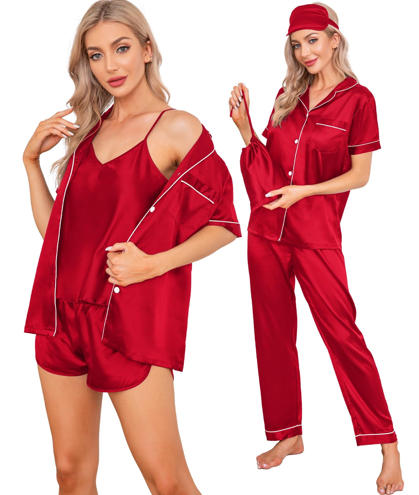 SWOMOG Womens Silk Satin Pajamas Sets 7pcs Sleepwear Sexy Cami Shorts Set and Button Down Short Sleeve Satin Pjs