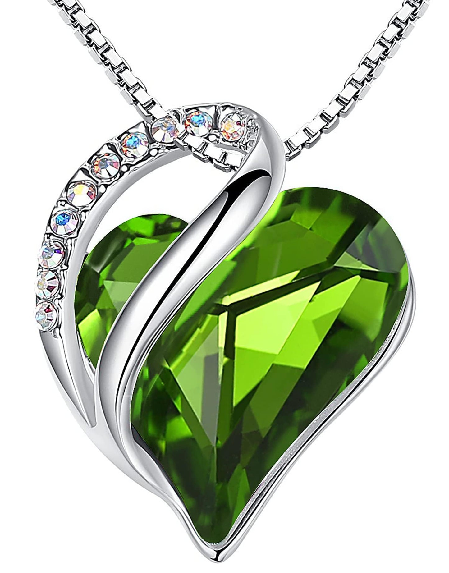 Infinity Love Birthstone Heart Necklace - 18K White Gold Plated Crystal Pendant Gift for Women 08a-August-Peridot Green