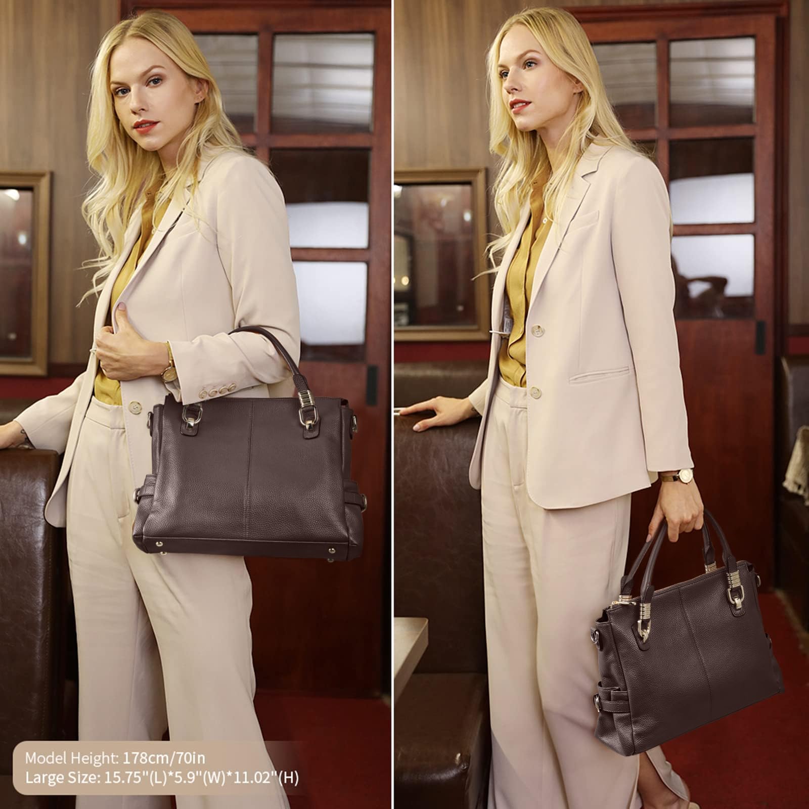 Women Genuine Leather Handbag - Soft Satchel Tote Shoulder Bag with Adjustable Strap