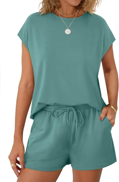Women's 2 Piece Summer Lounge Set Crew Neck Short Sleeve Tracksuit