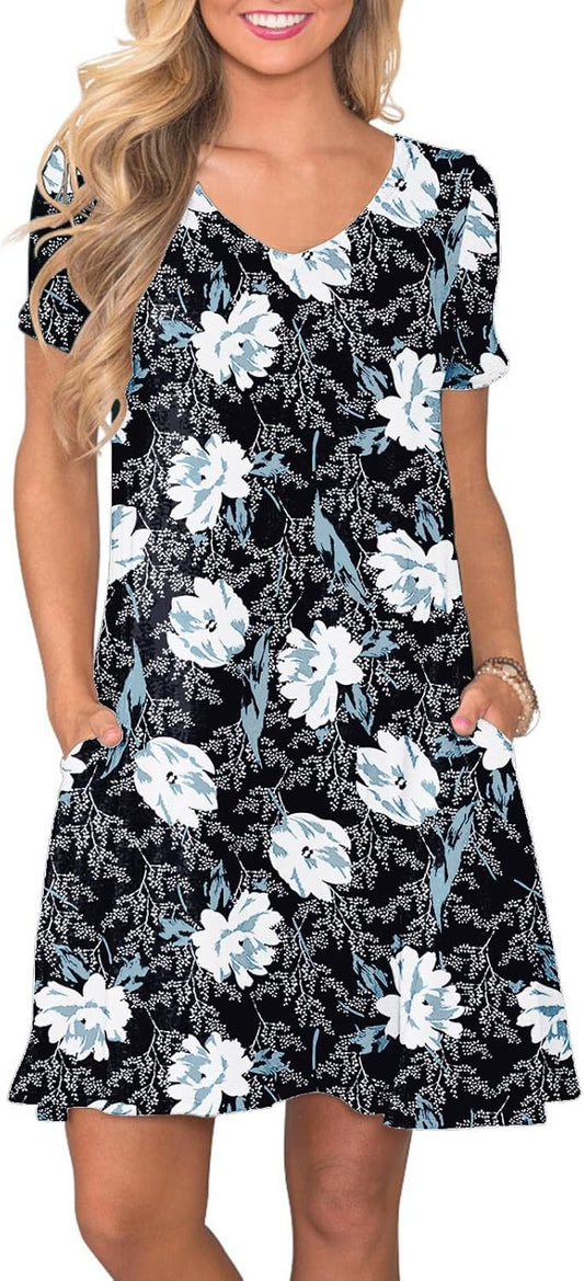 Women's Casual T-Shirt Dress Short Sleeve Summer Swing Dress with Pockets