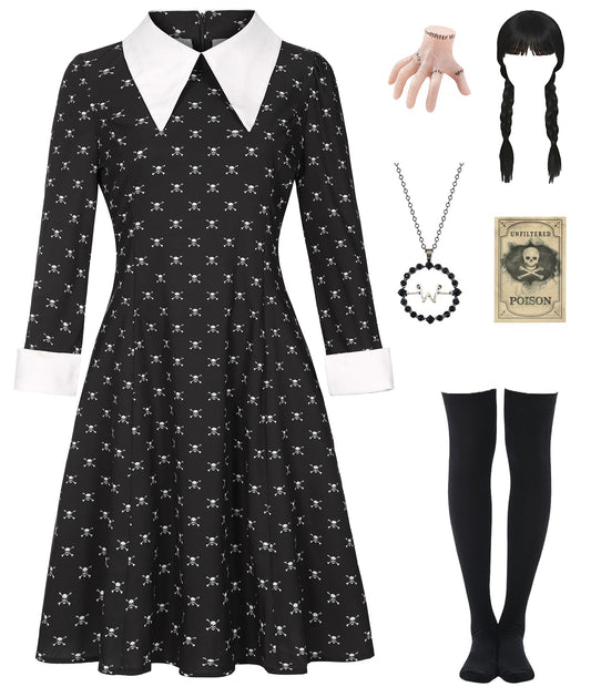 Black Dress Halloween Costume - Women's Complete Outfit with Wig and Accessories