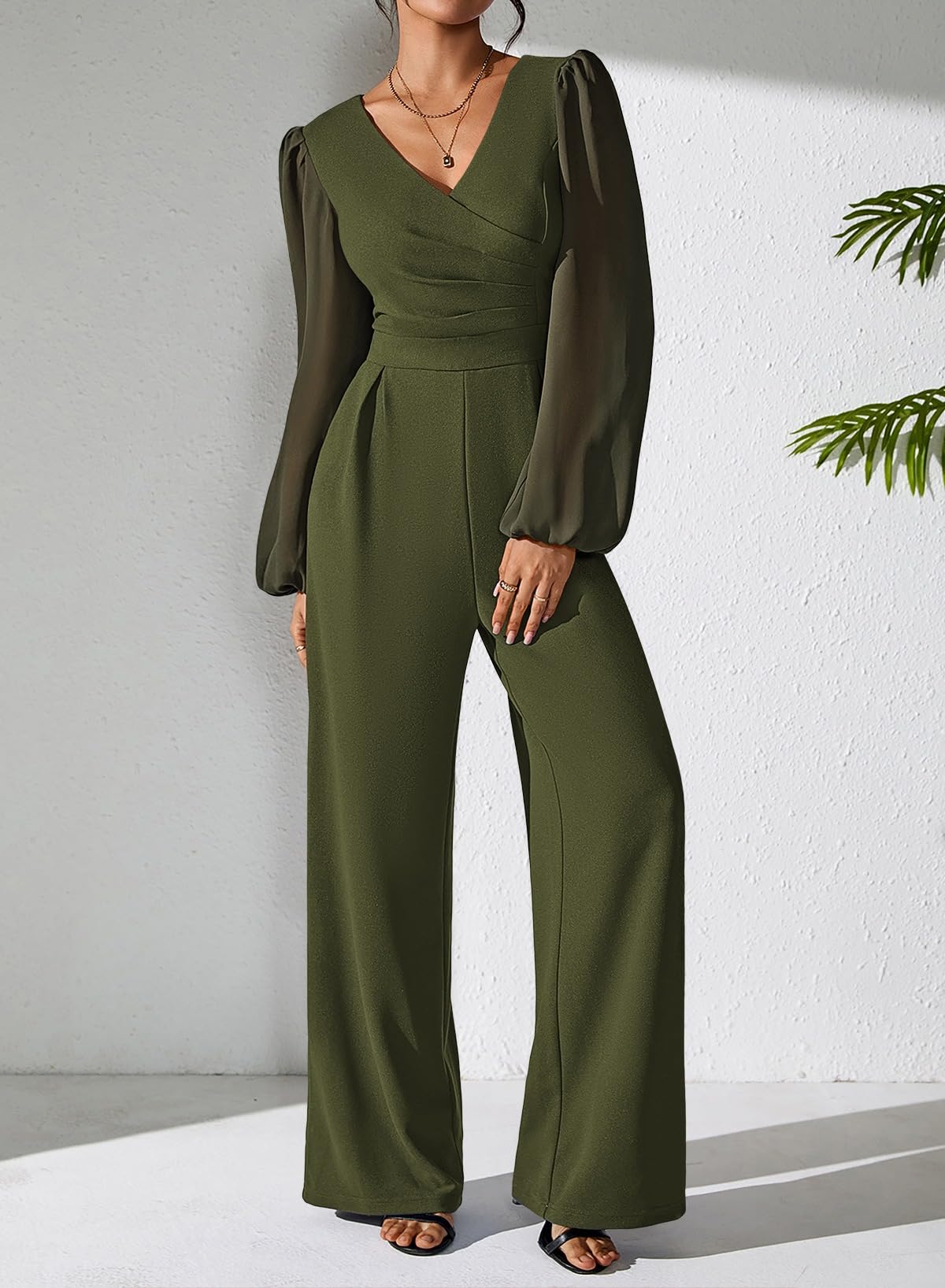 Pink Queen Jumpsuits for Women Dressy Patchwork Chiffon Sleeve V Neck Wide Leg Romper Holiday Party Outfits