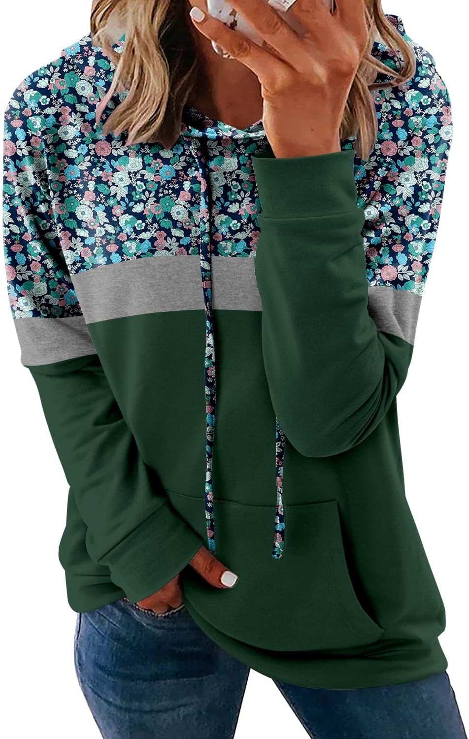 Pullover Hoodie - Tie Dye & Floral Print Hooded Sweatshirt with Pockets