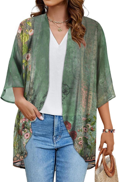 Floral Print Kimono Cardigan Women Puff Sleeve Cover Up Casual Blouse Loose Top