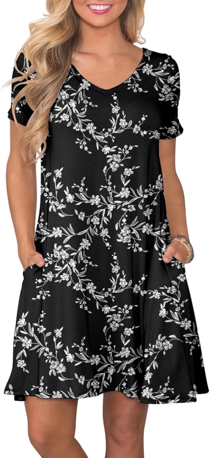 Women's Casual T-Shirt Dress Short Sleeve Summer Swing Dress with Pockets Carved White + Black