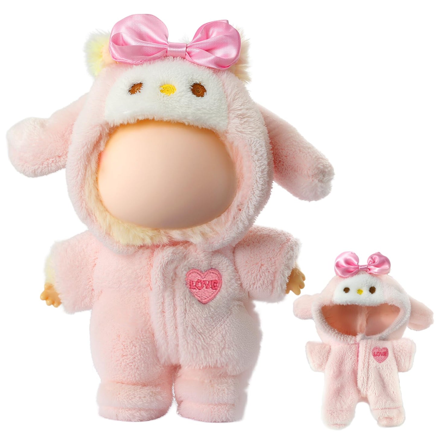 3 Piece Handmade Crochet Outfit for 17cm Dolls - Heart Sweater Hat & Bag Set Bunny Jumpsuit - Pink