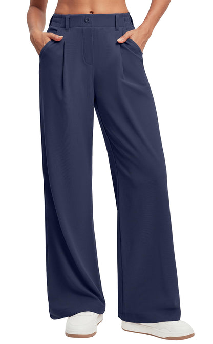 Women's Wide Leg Work Pants - Stretchy Pull-On Business Casual Trousers with Pockets Navy