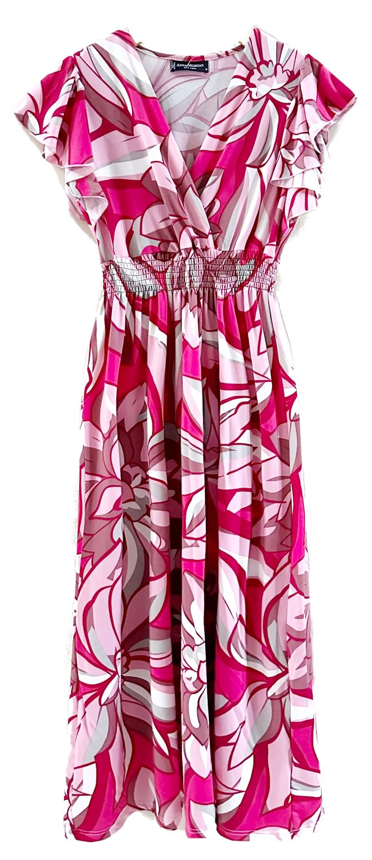 Smocked Maxi Dress - V Neck Exotic Print Dress for Maternity & Plus Size 1X Pink White Tropical