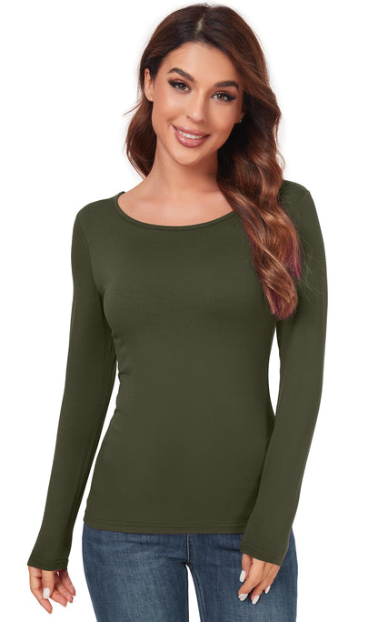 Women's Scoop Neck Long Sleeve Top - Slim Fit Thermal Blouse Basic Layer Shirt Army Green