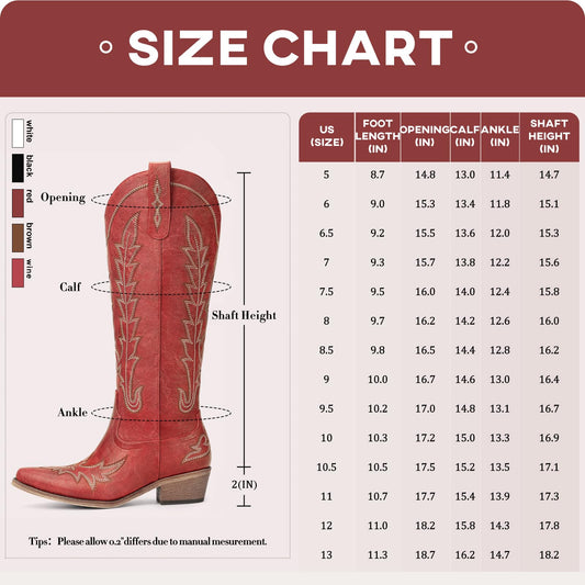 Rivalran Red Cowboy Boots for Women - Wide Calf Knee High Pointed Toe Chunky Heel Pull On Zipper Western Cowgirl Boots, Retro Country Vintage Fashion Tall Boots US Size 8