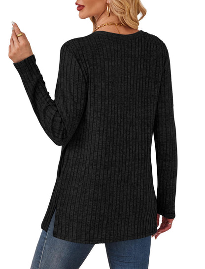 Women's Crewneck Sweater with Pockets - Long Sleeve Tunic Top with Side Slits