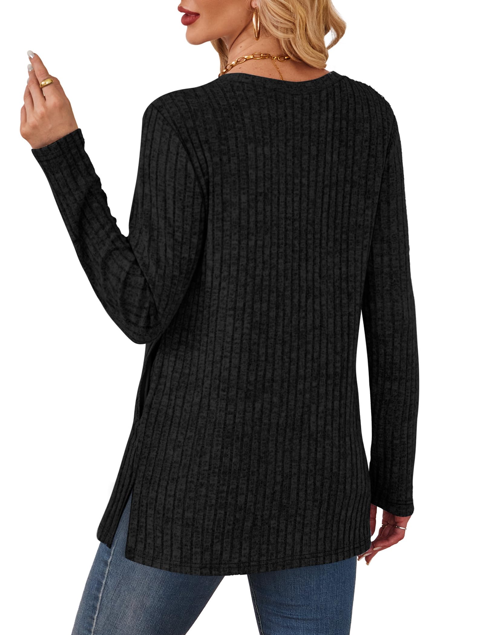 Women's Crewneck Sweater with Pockets - Long Sleeve Tunic Top with Side Slits