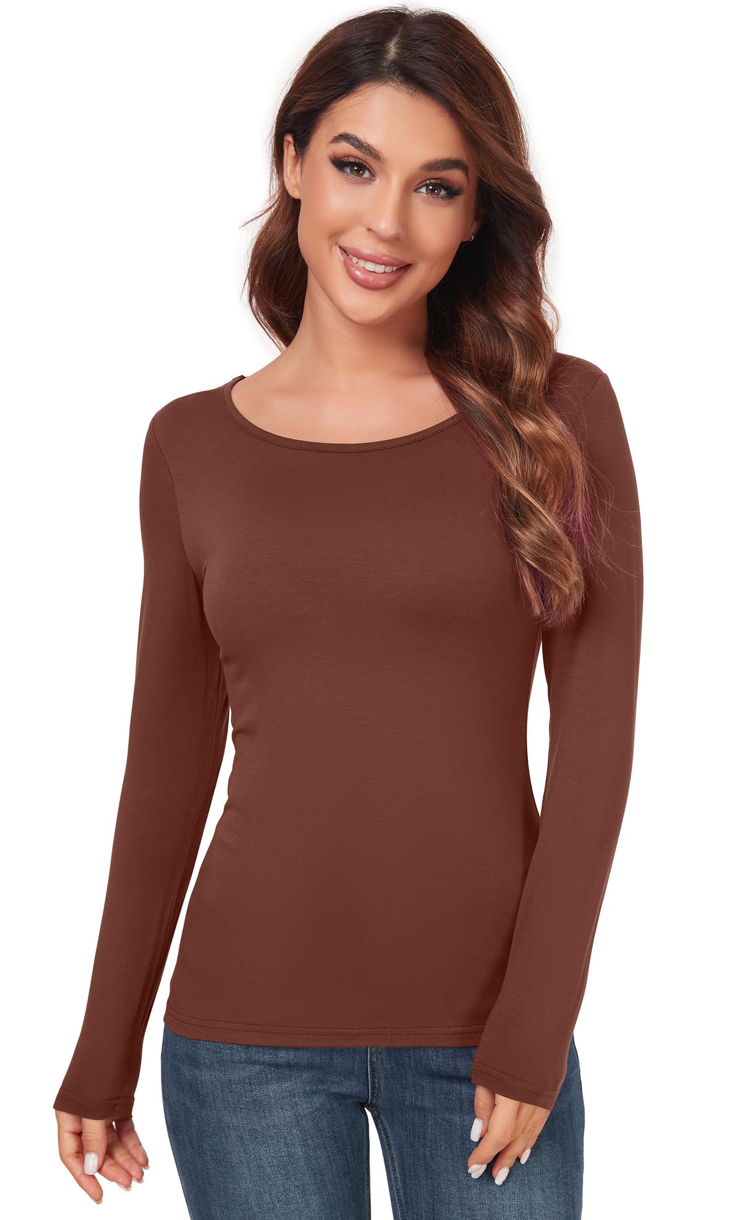 Women's Scoop Neck Long Sleeve Top - Slim Fit Thermal Blouse Basic Layer Shirt