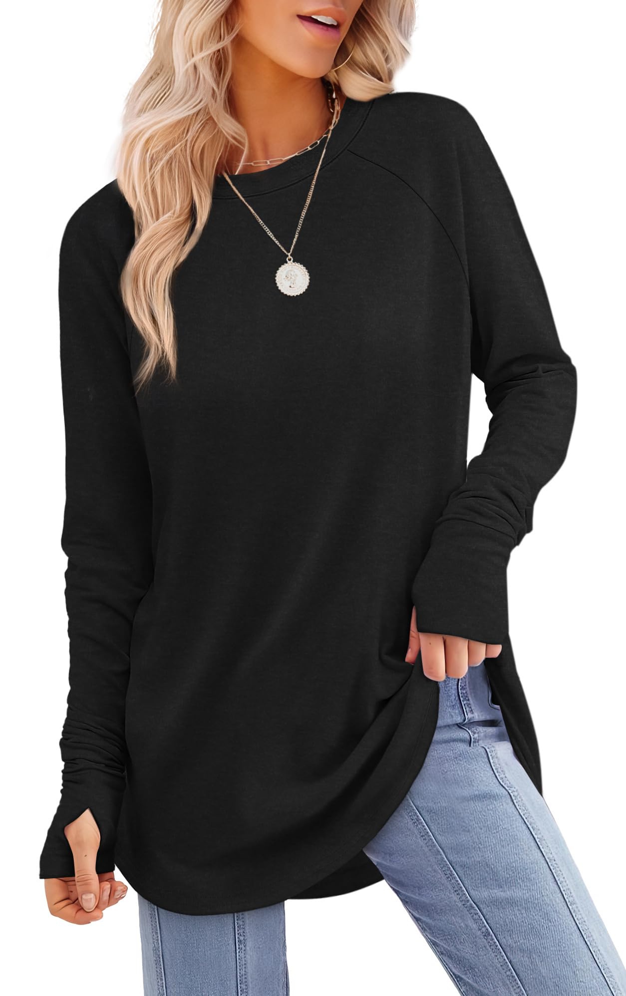 Tunic Top with Thumb Holes for Women - Long Sleeve Shirt with Curved Hem