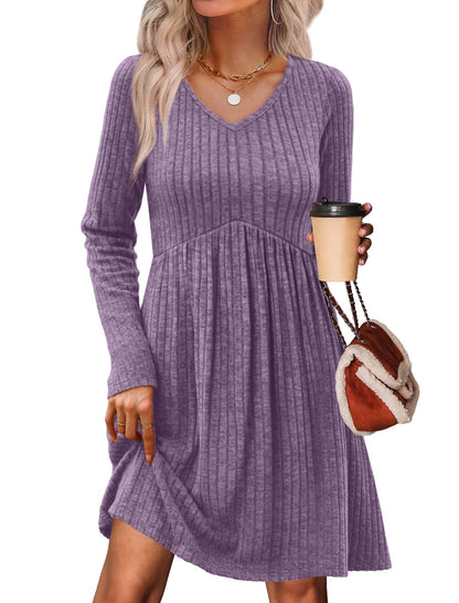 Women's Long Sleeve Sweater Dress - V Neck Empire Waist Babydoll Dress with Pockets Purple