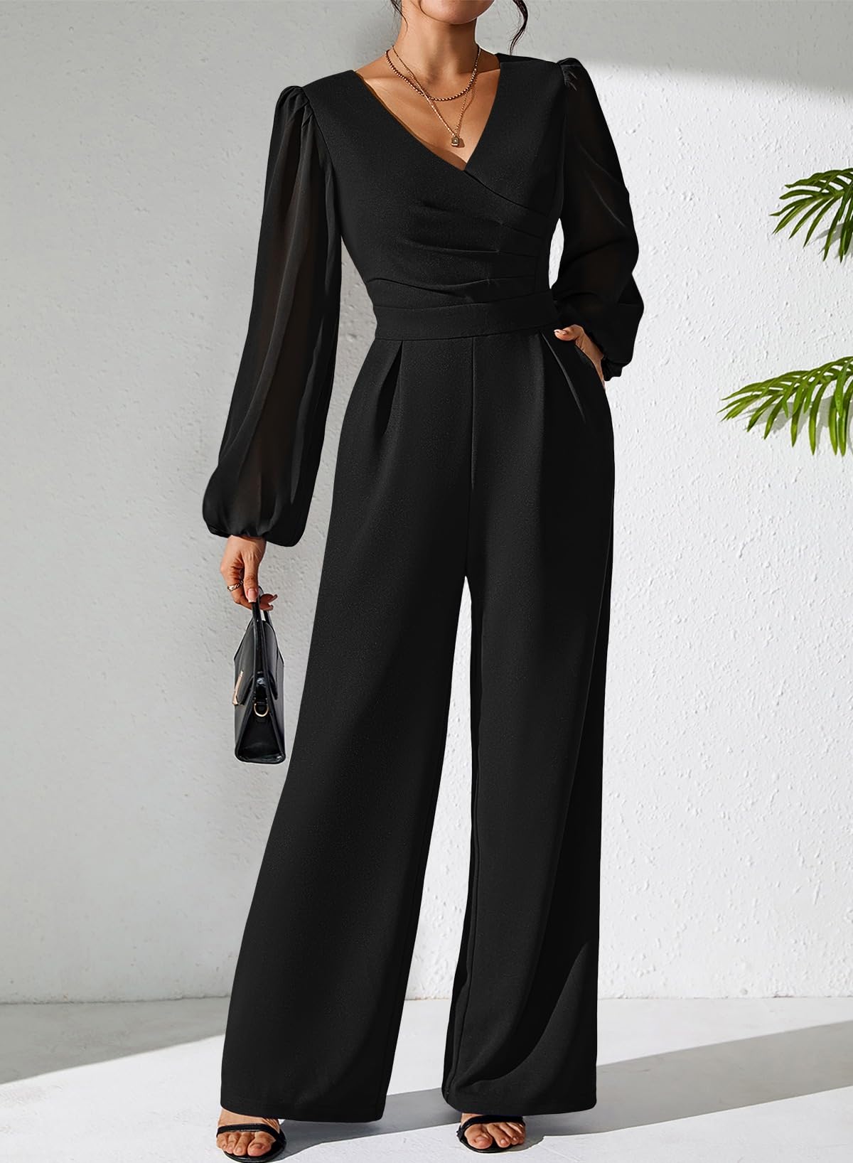 Pink Queen Jumpsuits for Women Dressy Patchwork Chiffon Sleeve V Neck Wide Leg Romper Holiday Party Outfits
