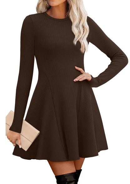 Women's Sweater Dress - Long Sleeve Ribbed Knit Fit and Flare A-Line Dress Brown