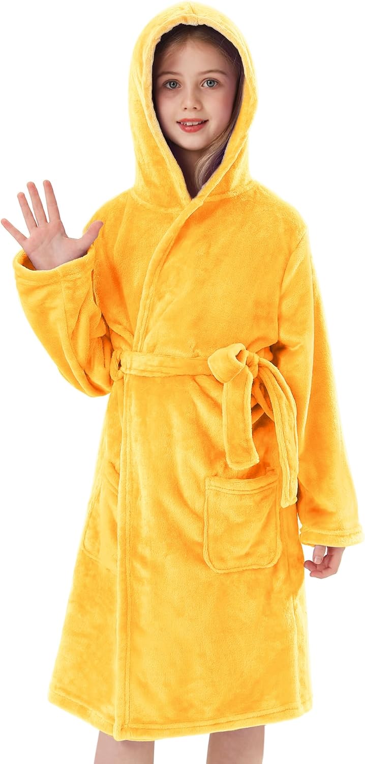 Girls Hooded Fleece Bathrobe - Soft Plush Warm Robe for Kids 3-14 Years Yellow