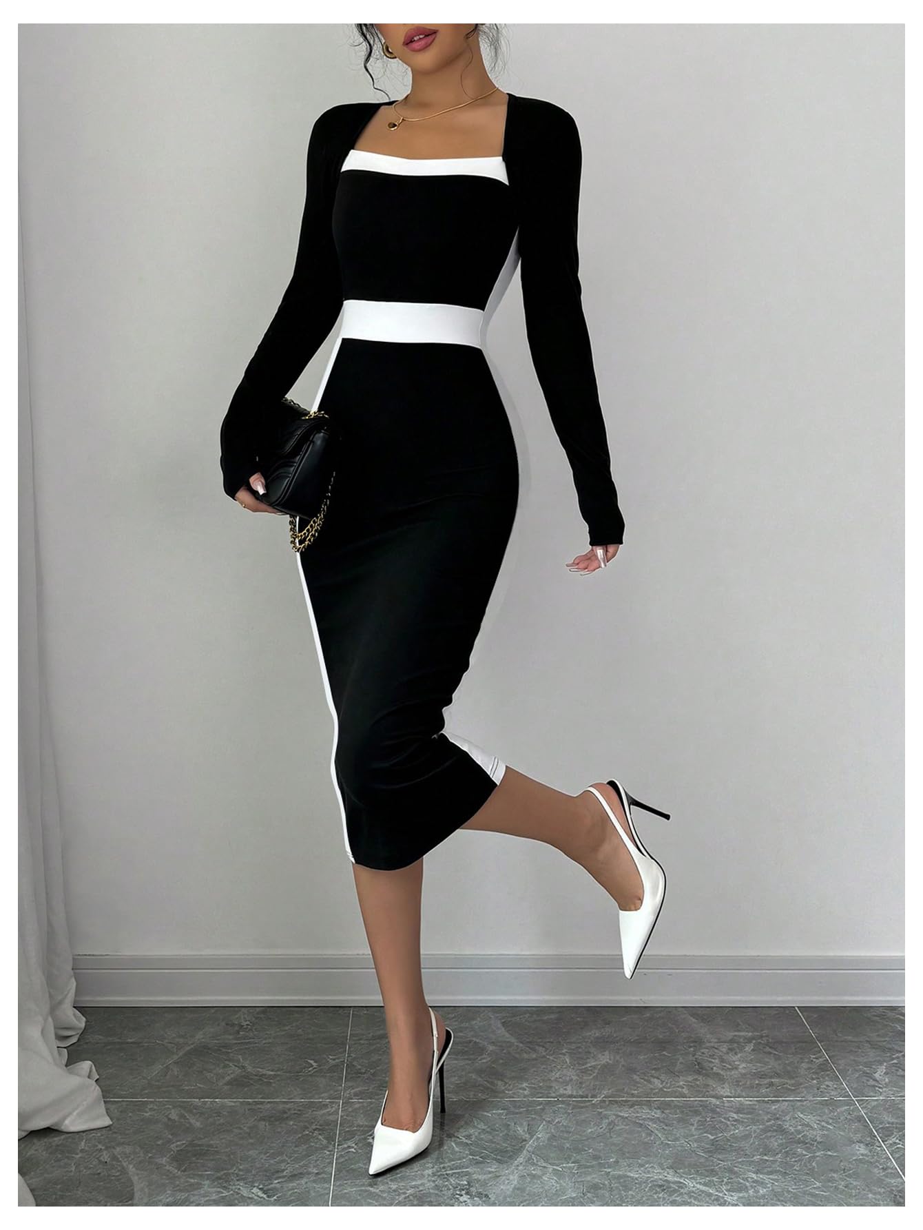 Women Midi Dress - Color Block Square Neck Long Sleeve Bodycon Dress