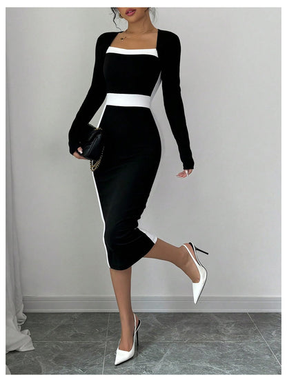 Women Midi Dress - Color Block Square Neck Long Sleeve Bodycon Dress