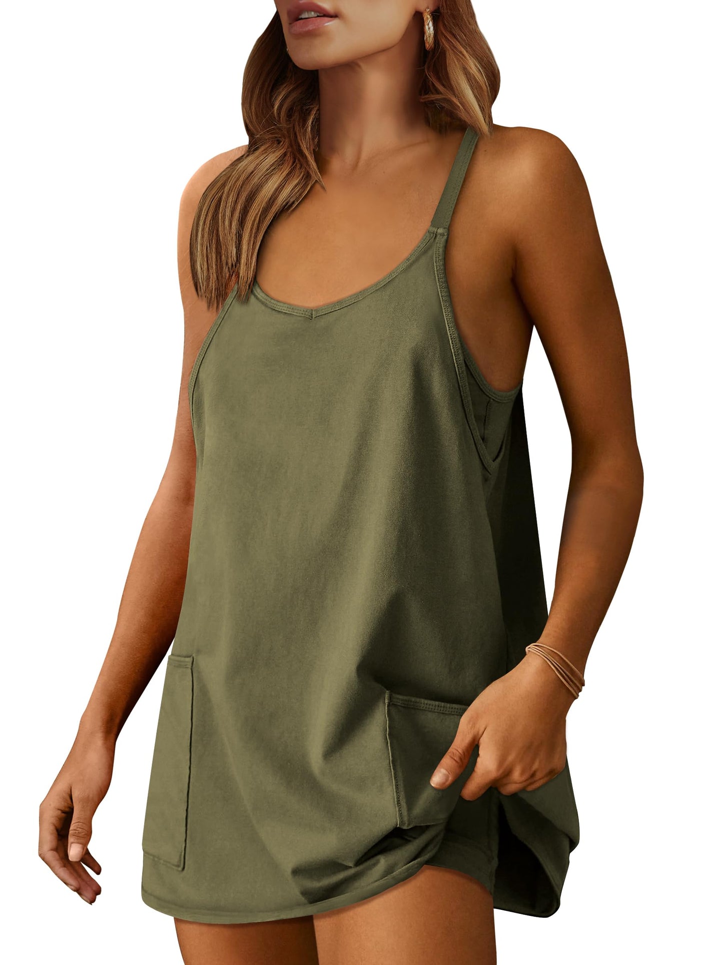 Athletic Dress Women Tennis Workout Sports Mini Romper with Built-in Shorts Army Green