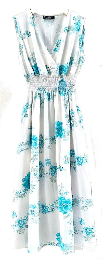 Smocked Maxi Dress - V Neck Exotic Print Dress for Maternity & Plus Size White and Turquoise Floral