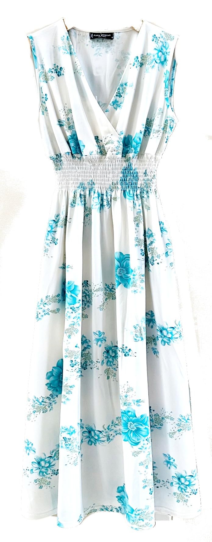 Smocked Maxi Dress - V Neck Exotic Print Dress for Maternity & Plus Size White and Turquoise Floral