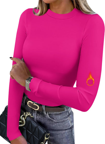 Women's Long Sleeve Thermal Shirt - Fleece Mock Neck Slim Fit Top