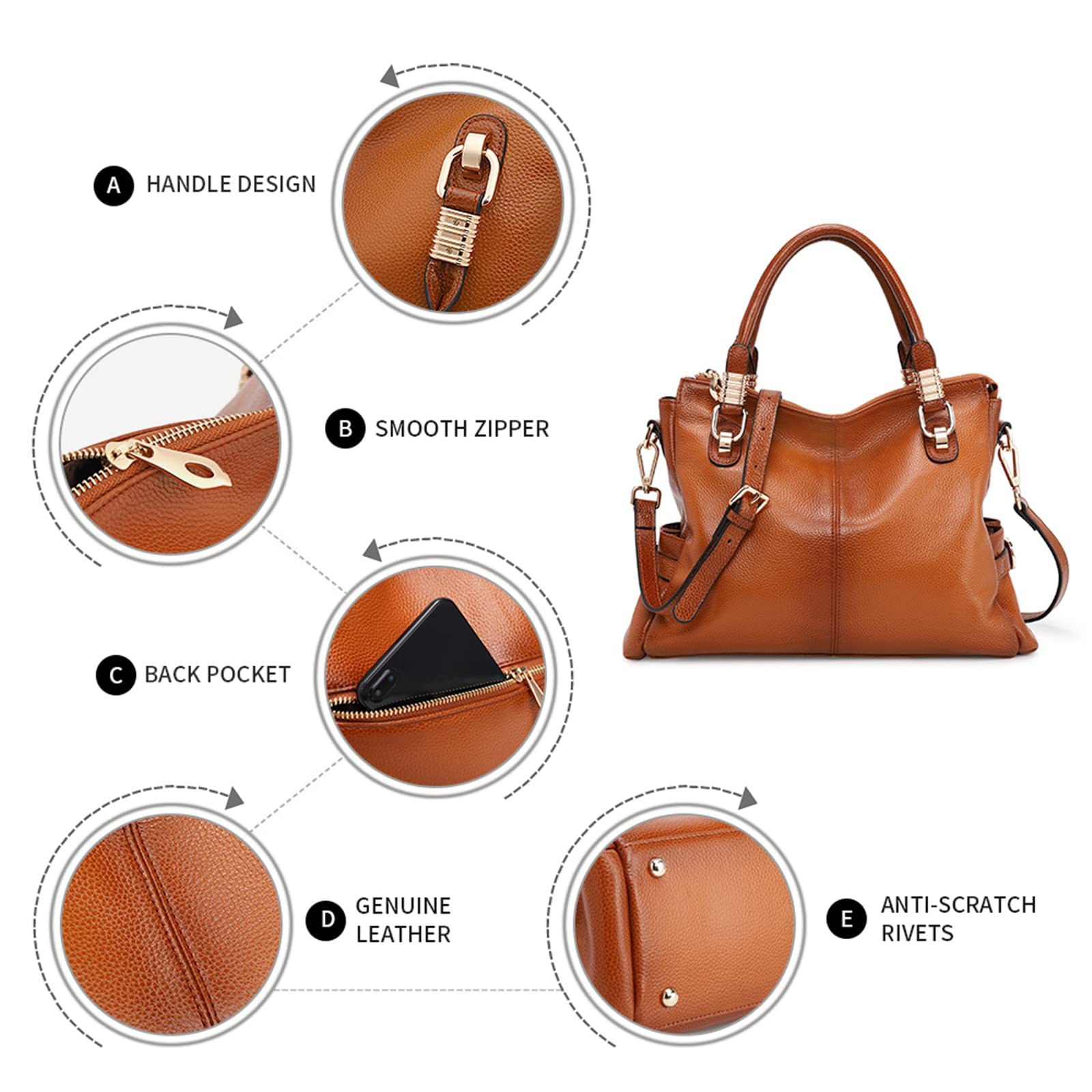 Women Genuine Leather Handbag - Soft Satchel Tote Shoulder Bag with Adjustable Strap