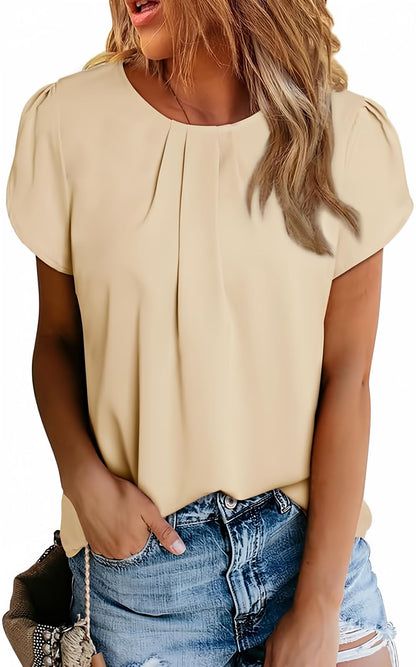 Polyester Blouses - Women's Chiffon Blouse Short Sleeve Pleated Top with Keyhole Back Detail Apricot